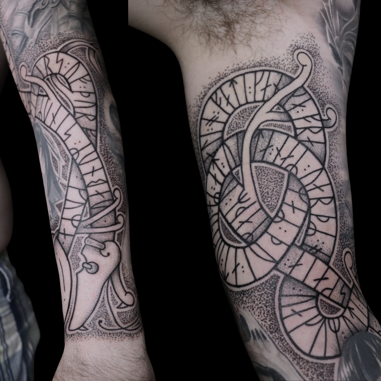Norse mythology filler tattoo featuring Jormungandr with Younger Futhark runic inscriptions integrated between existing tattoos
