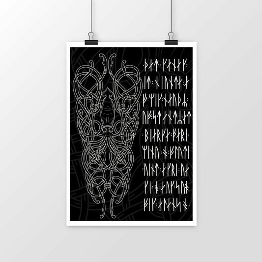 Norse Kraken art print featuring a Hávamál stanza in Younger Futhark runes with Nordic knotwork design.