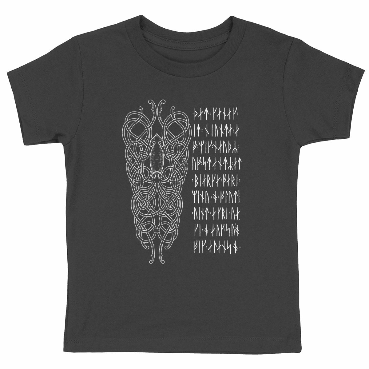 Norse mythology Kraken t-shirt inspired by Viking tattoo art, featuring a Hávamál stanza in Younger Futhark runes with Nordic knotwork.