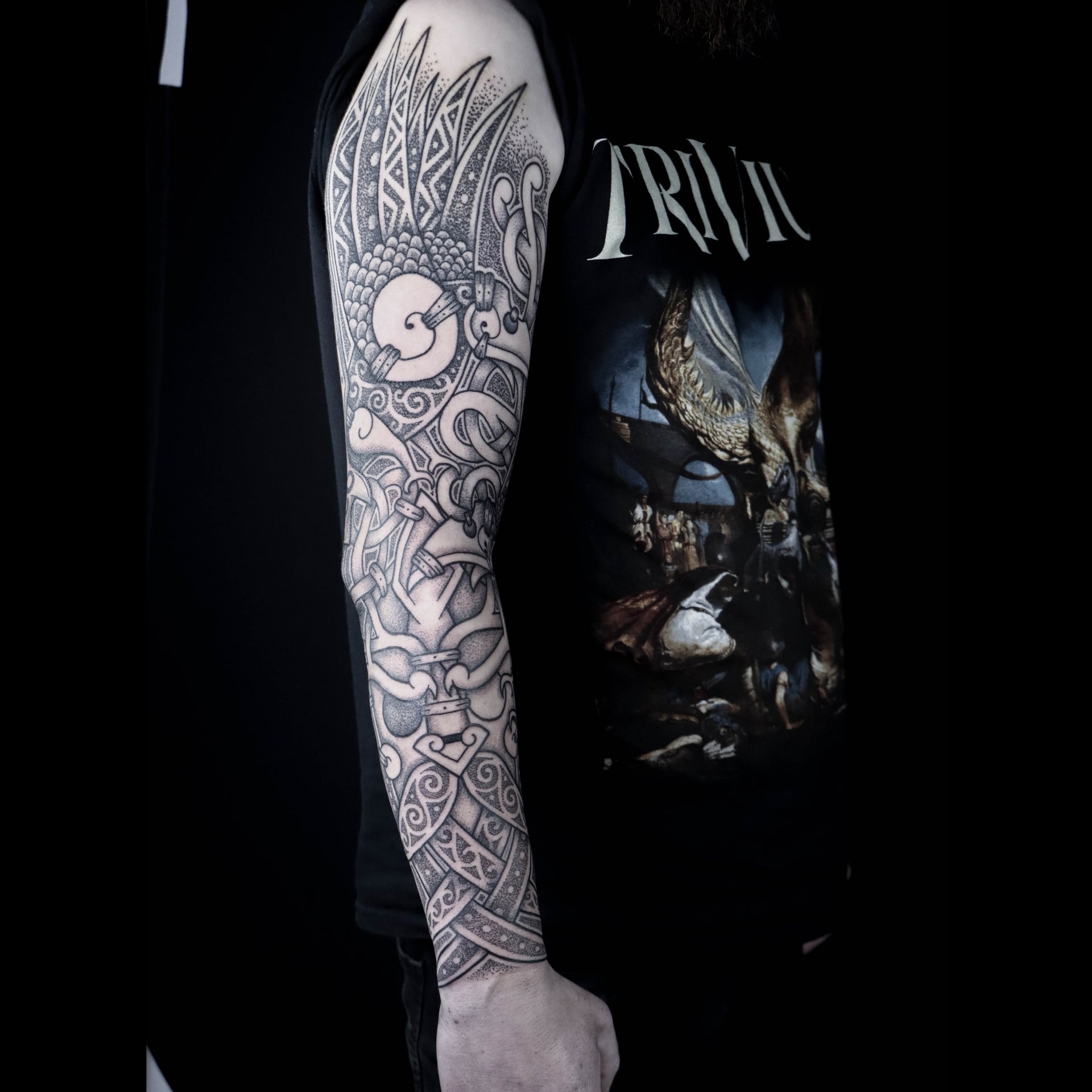 Norse full sleeve tattoo featuring an Odin godmask on the forearm with Huginn and Muninn ravens by Morrigan Tattoo