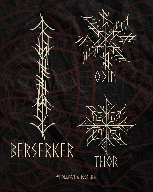 Central Norse rune with two custom-designed sigils inspired by Younger Futhark and Viking symbolic tradition.