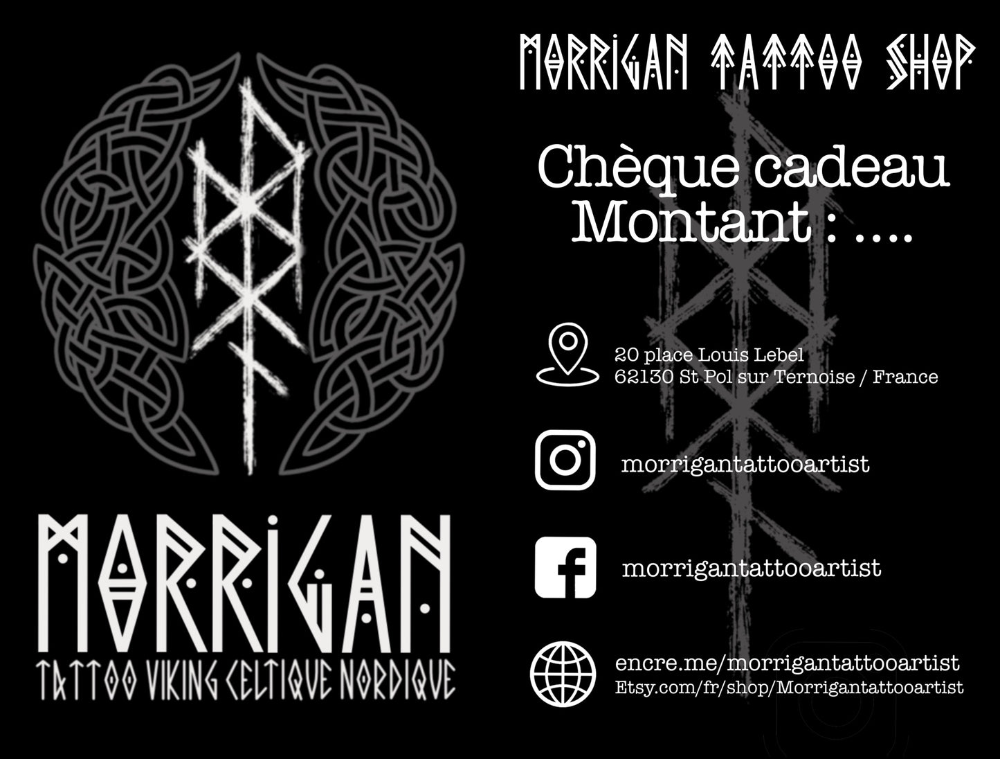Norse tattoo gift card for a custom Viking and Norse mythology tattoo at Morrigan Tattoo studio.