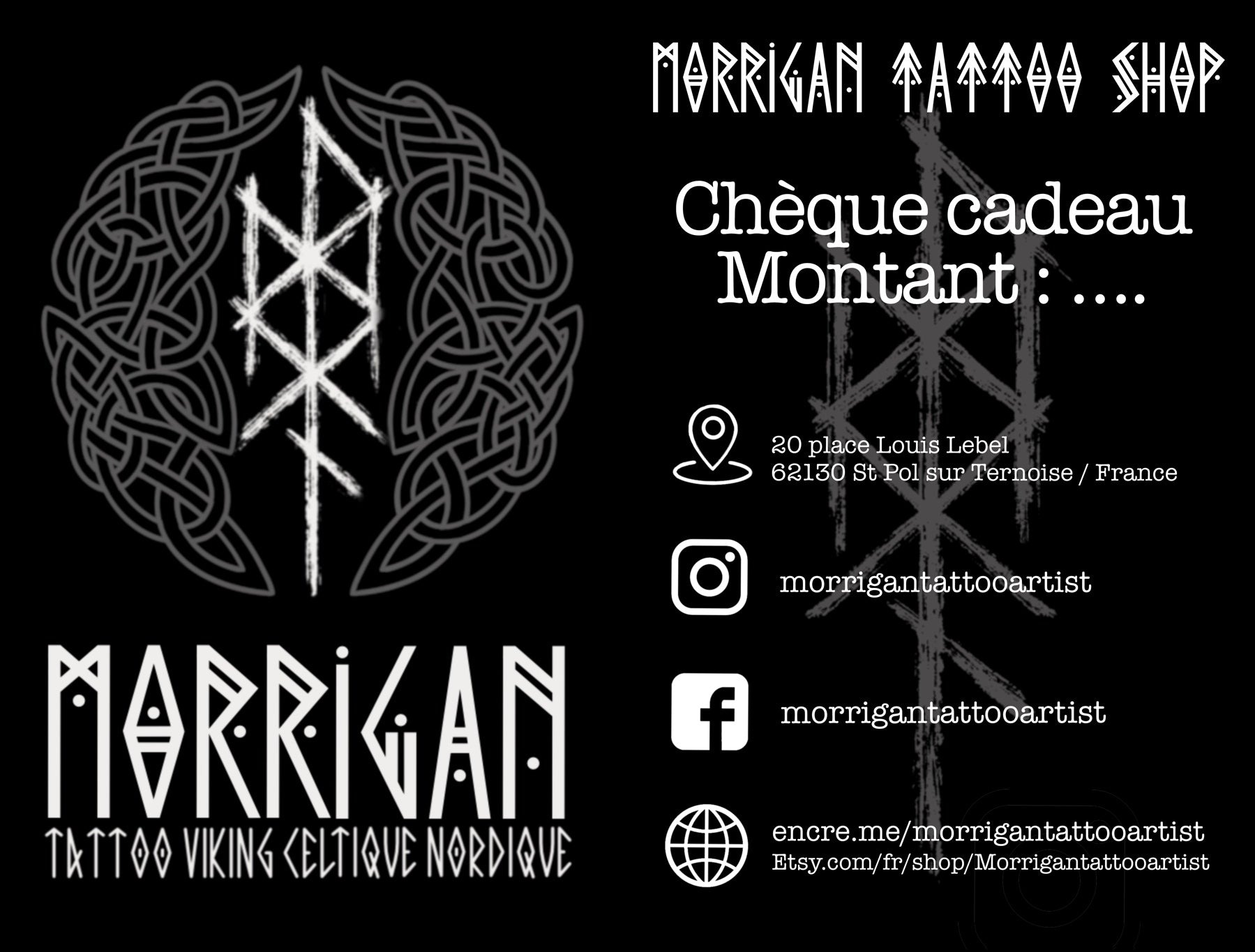 Norse tattoo gift card for a custom Viking and Norse mythology tattoo at Morrigan Tattoo studio.