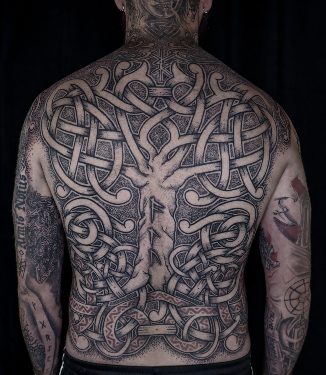 Scandinavian mythology backpiece tattoo of Yggdrasil with Nidhogg in the roots, composed with interlaced knotwork and red ornamental detailing in blackwork style
