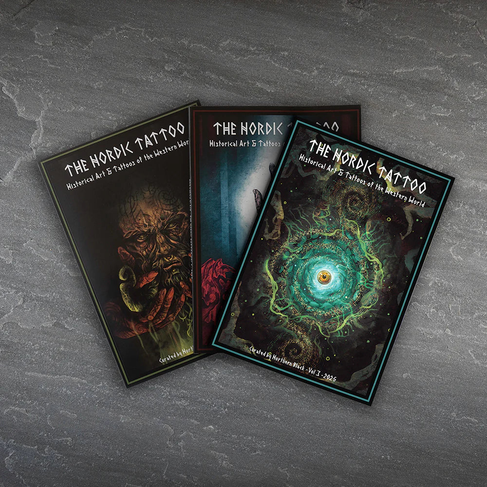 Three volumes of The Nordic Tattoo published by Northern Black featuring Morrigan Tattoo and her Norse mythology designs