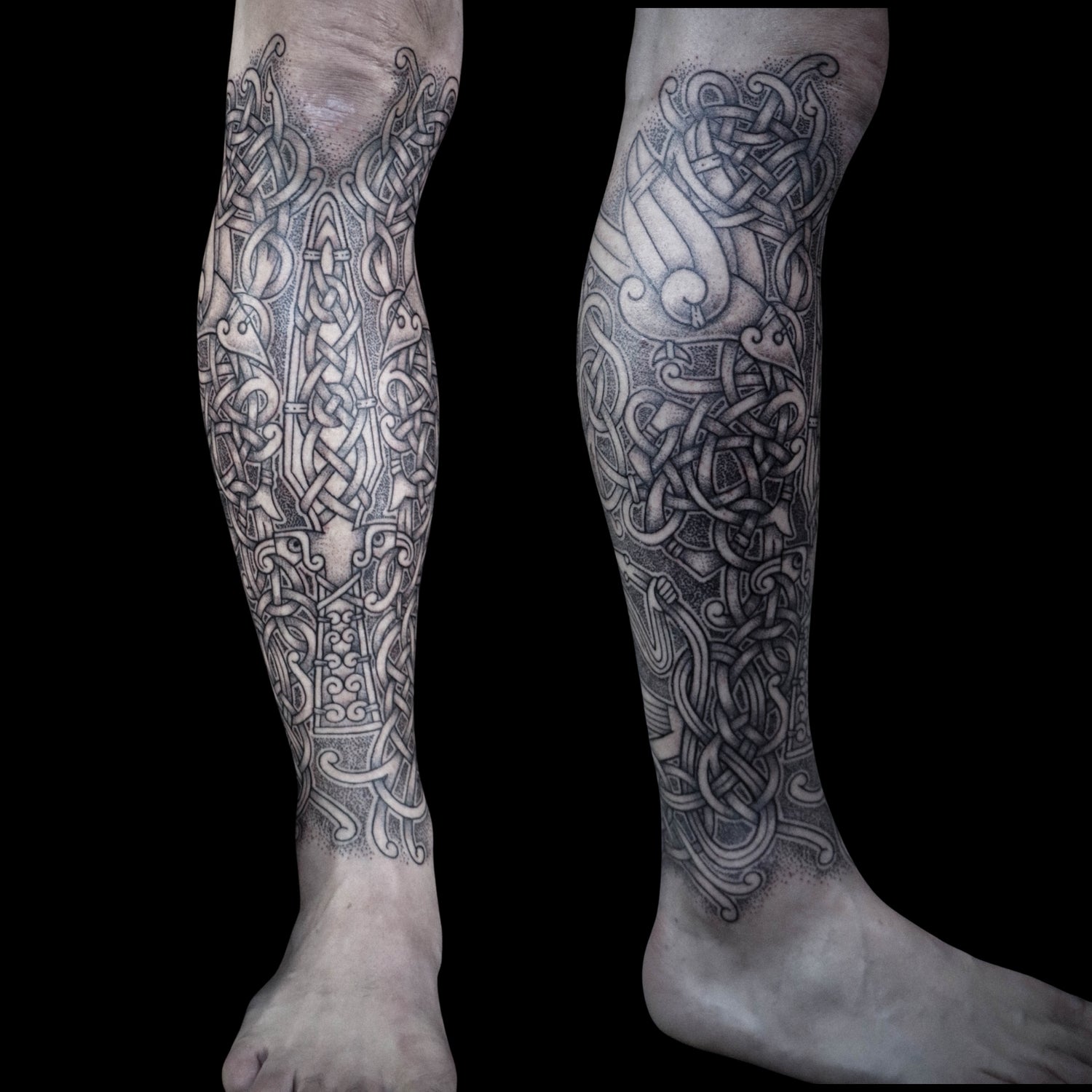 Viking mythology half leg tattoo from knee to ankle featuring Gungnir and Odin’s ravens composed in intricate knotwork design